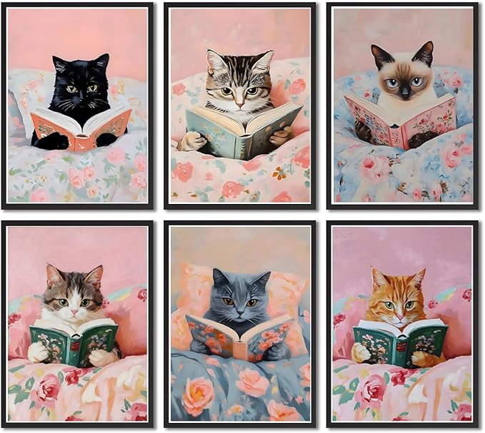 Zhfmoir Cute Cat Reading Posters Wall Art Set of 6, Funny Cats with Books Prints Aesthetic Kitty Wall Decor for Girls Bedroom Kids Room Nursery Classroom Library Decor 8x10 Inch Unframed