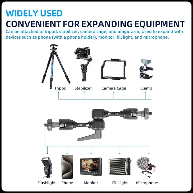 Fotopro 7 Inch Magic Arm Both 1/4 Inch Thread Screw Adjustable Articulating Magic Arm for Tripod Monitor LED Light Microphone Super Clamp GS-8