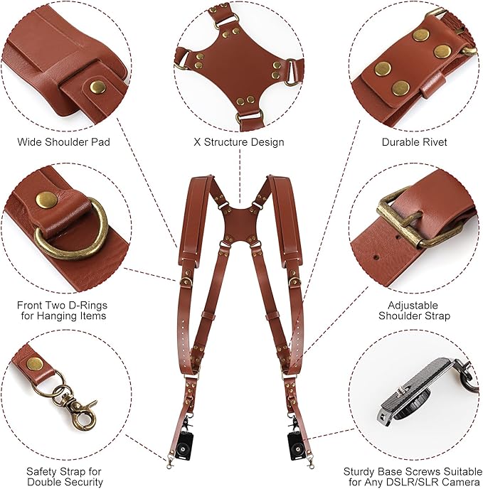 JUNART Camera Strap,Leather Dual Camera Harness with Shoulder Widening Stress Relief, Adjustable Camera Strap for Photographers for Two DSLR/SLR Cameras