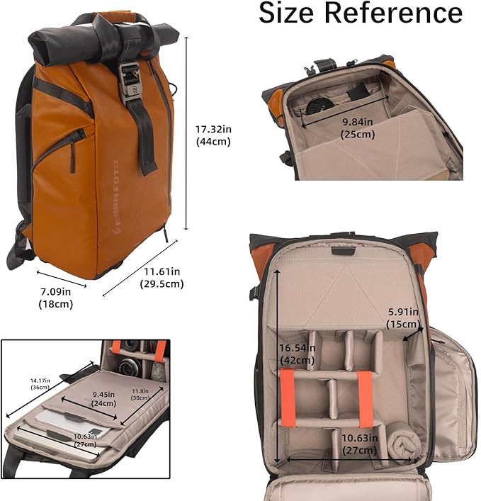 Besnfoto Camera Backpack, Waterproof Travel Camera Bag for Photographer Expandable Roll Top Photography Case for DSLR SLR Mirrorless Camera Fit up to 15.6 inch Laptop with Rain Cover