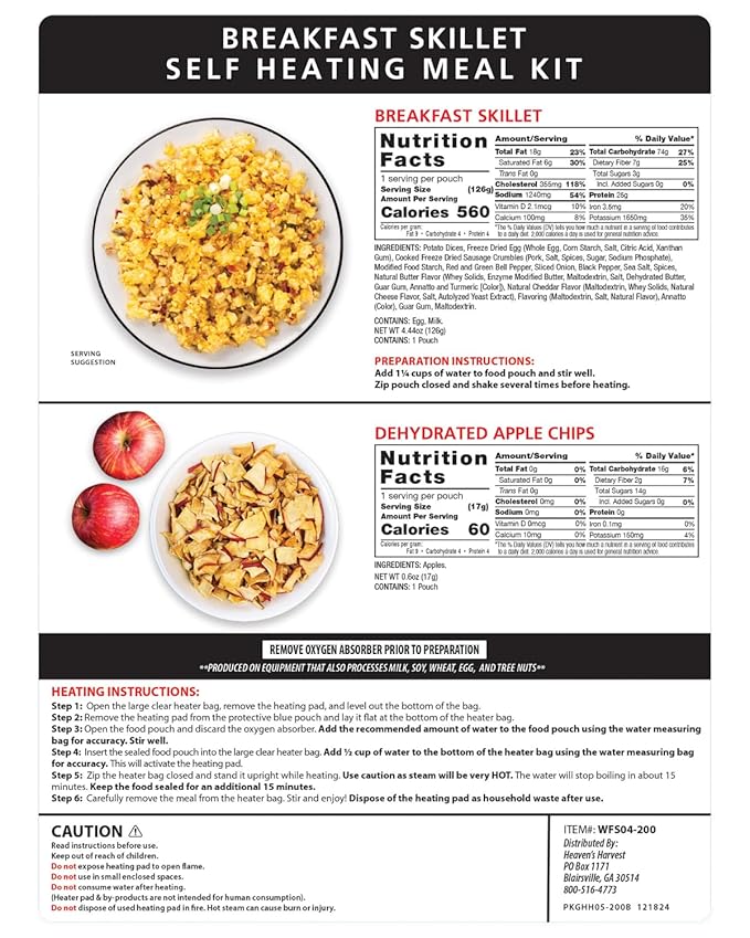Heaven's Harvest Self-Heating Emergency Meal Kit (10 Year Shelf Life) — Tastier than MRE Meals & Ready-To-Eat in Minutes! Just add water to activate the “cooking” process. (Breakfast Skillet) (Single)