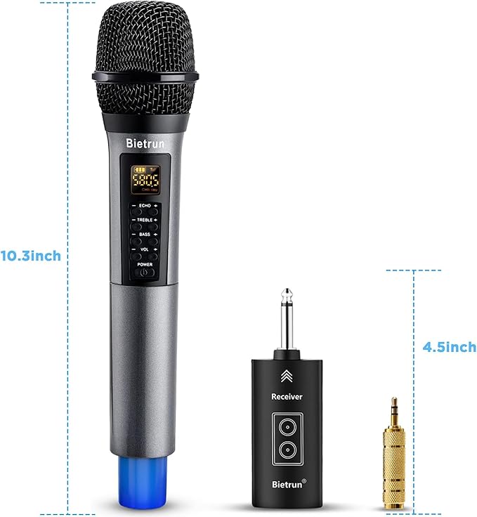 Wireless Microphone, Uhf Metal Dynamic Handheld Karaoke Mic, Rechargeable Receiver (Work 6hs),160ft Range, for Karaoke, Singing, Stage, Wedding, Speech, Karaoke Machine, Speaker, Amplifier, Mixer