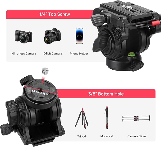Avella Video Tripod Fluid Head with Quick Release Plate, Lightweight Heavy Duty Compatible with Manfrotto,Max Load 13.2lb/6kg for Video Canon Nikon Sony Olympus Panasonic DSLR Camera, V504