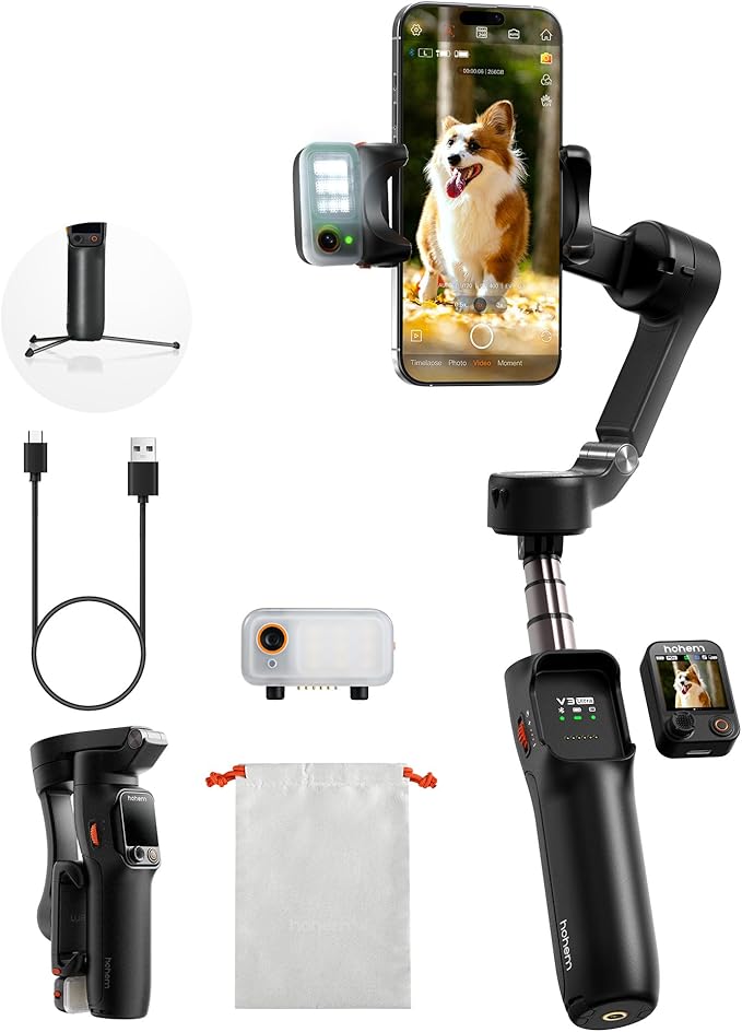 hohem iSteady V3 Ultra Gimbal Stabilizer for iPhone, Phone Gimbal with AI Auto Tracking, Detachable Touchscreen Remote, Built-in Extension Rod, Tripod, Fill Light, for Vlog, Travel, Pet, Fitness