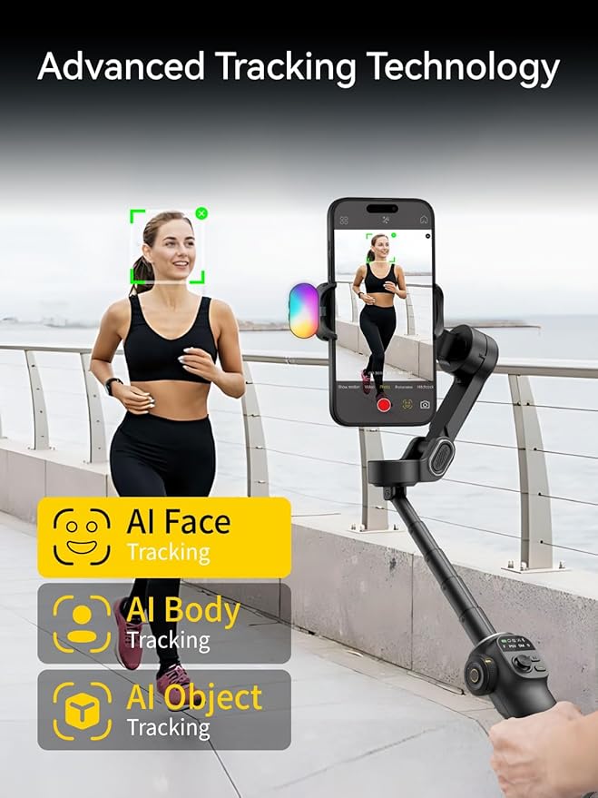 AOCHUAN Gimbal Stabilizer for iPhone, Phone Gimbal w/RGB Magnetic Fill Light, Foldable Gimbal Built in 7.8' Extension Rod and OLED Display for iPhone/Android Excellent for Vlogging-Smart X2 Kit Black