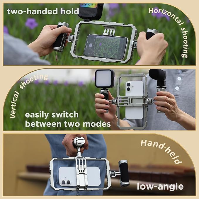 Haoge Universal Phone Cage Video Rig Kit,for iPhone 15/16/17 Pro Max Smartphone Stabilizer with Dual Handle,Handheld Filmmaking Vlogging Phone Rig for Samsung and Other Videomaker Videographer