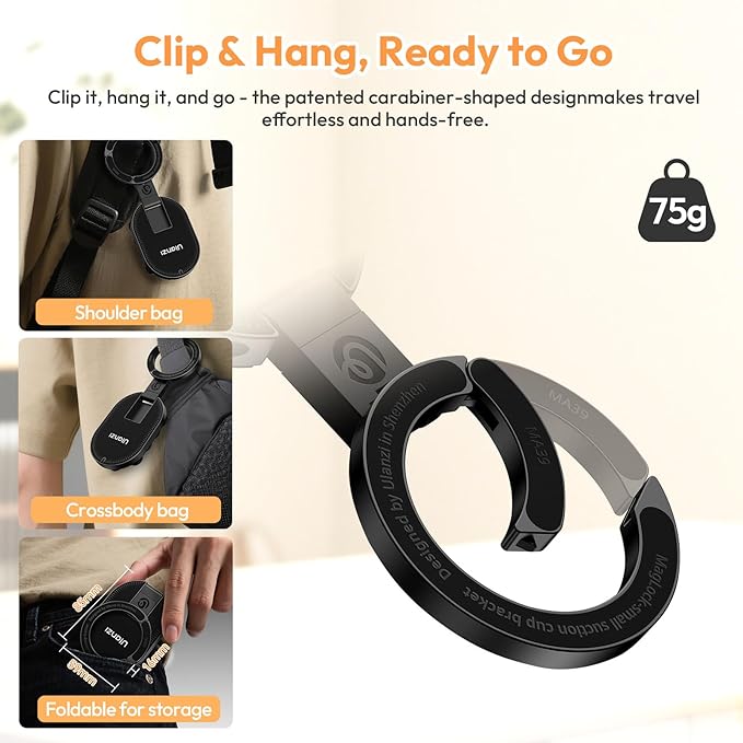 ULANZI MA39 3-in-1 Suction Magnetic Phone Holder for MagSafe, 360° Rotatable Phone Tripod Mount with Carabiner Clip, Compatible with for iPhone 17-12, Ideal for Car Dashboard, Gym, Kitchen, Office