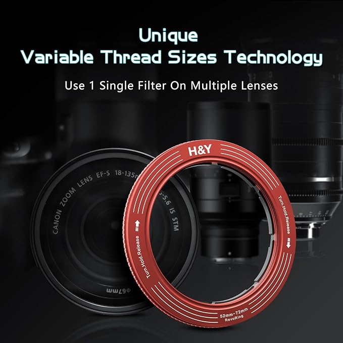 H&Y RevoRing Adjustable Step Up Ring 52-72mm to 77mm, Variable Lens Filter Adapter Ring, Universal Stepping System fits 52 55 58 62 67 72mm, Red