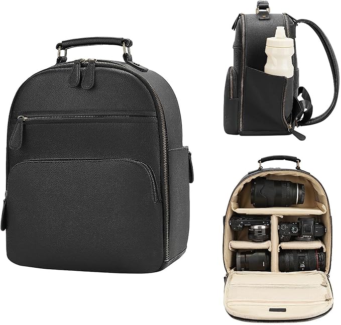 Small Camera Backpack Classic PU Leather for DSLR, Professional Camera Bag for Photographers with 11 Inch Pad/Tablet Compartment Small 10L Black
