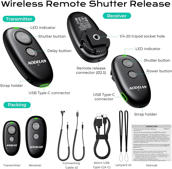 AODELAN USB-C Rechargeable Wireless Camera Remote Shutter Release for Nikon D200, D300, D750, D5000, D5100, D5200, D5600, D7200, D7500, Z6, Z7, D800, D850, Coolpix P1000