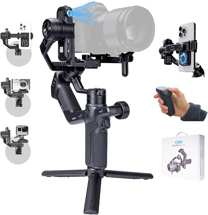 FeiyuTech SCORP Mini 3 Pro Camera Gimbal Stabilizer with AI Tracking, 2KG Payload, Detachable Remote Handle, 3-Axis All in One Handheld Gimbal for Sony/Canon/Nikon/Panasonic/Gopro/Smartphone