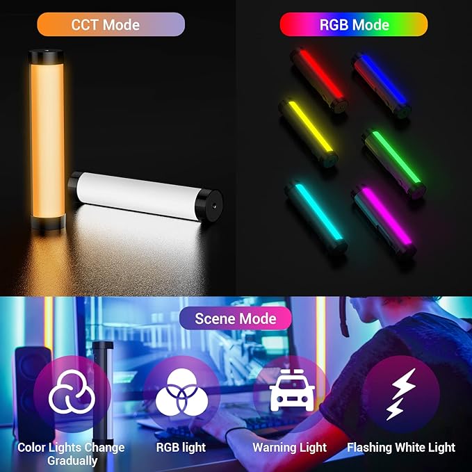 LUXCEO Multicolor RGB LED Video Light Wand - 2000mAh Rechargeable Mini Light Stick for Video Shooting, Professional Tube Lights with Magnetic Base for YouTube, TikTok (Black)