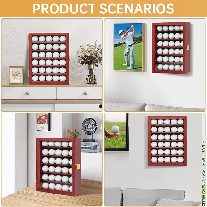 Golf Ball Display Case, Solid Wood Golf Ball Holder, Wall Mounted Golf Ball Rack with Acrylic Door for Golf Enthusiasts (Mahogany, for 30 Golf Balls)