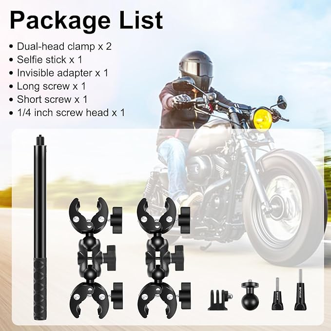 PULUZ Double Clamp Motorcycle Mount Kit for Insta360 X4 X3 X2 GO 3 One RS Camera, Bike Handlebar Mount Bundle with 59" Invisible Selfie Stick Telescopic for Moto Bicycle Riding Records