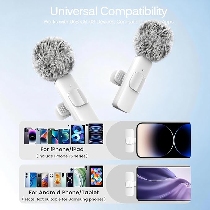 White Wireless Lavalier Microphone for iPhone & Android - Mini Clip-On Mic with Noise Cancellation 2 Pack Lapel Mic Plug and Play Wireless Mic for Video Recording Interview Podcast Vlog YouTube