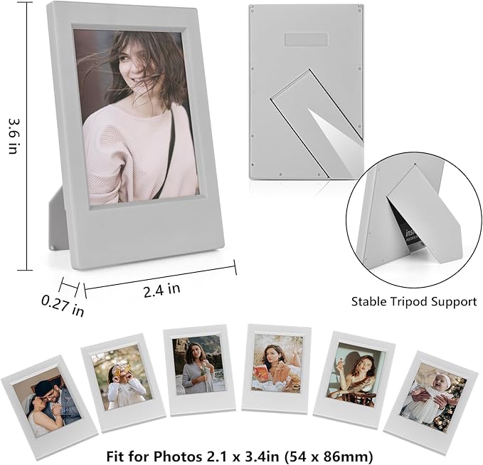 HIYQIN 8 Pack 2x3 Mini Photo Frame Set with Clear Protective Film - Desk Stand Up Display Small Picture Frames for Polaroid Instax mini 12/11/evo/Liplay/41/40/99/SE/9/8/7+ Photo, 3-Inch Film Frame- Freestanding Photo Holder - Grey
