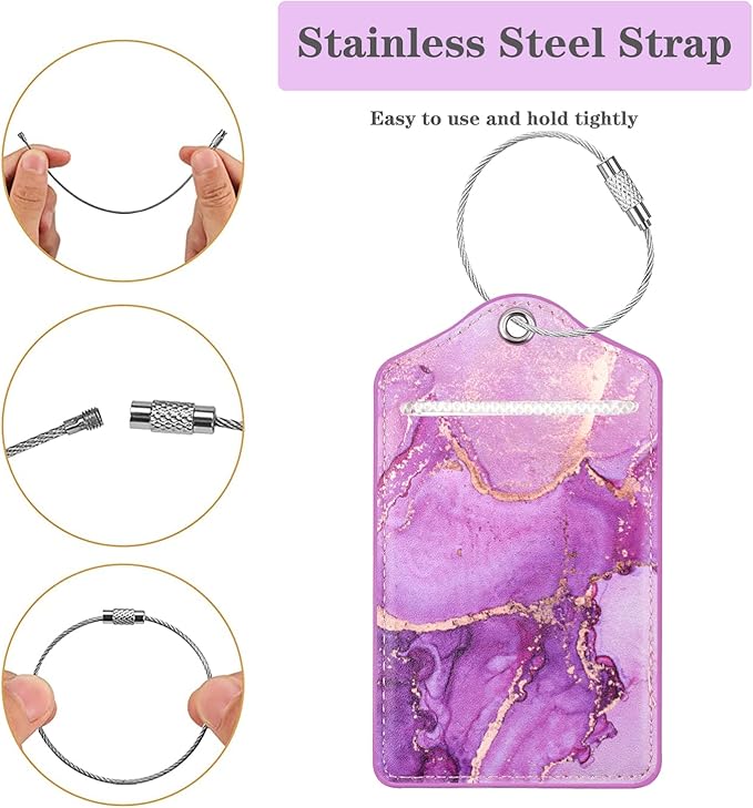 (Set of 2) Luggage Tag Leather Privacy Cover ID Label Address Card with Stainless Steel Loop, Travel Bag Tags Suitcase Labels,Purple Marble