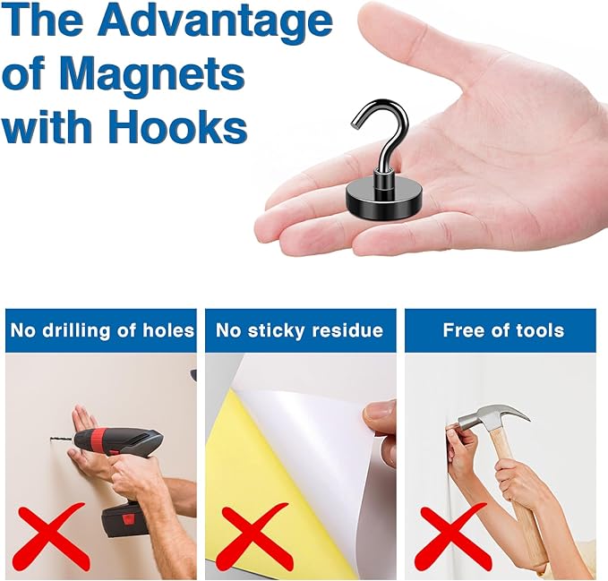LOVIMAG Cruise Magnets with Hooks, 50lbs Magnetic Hooks for Cruise Cabins, Cruise Essentials Must Haves for Travel, Neodymium Magnets with Epoxy Coating for Hanging, Refrigerator, Kitchen -12 Pcs