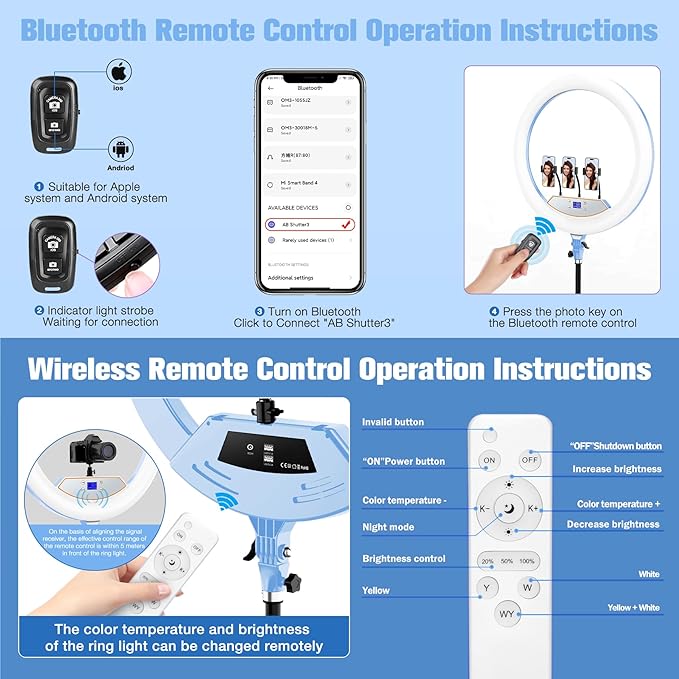 22" LED Ring Light, with 75" Tripod/LCD Display/3+1 Phone Clips/ 2 USB Ports/Wireless Remote, Adjustable 2600K-6500K Color Temperature, for YouTube Facebook Live TikTok Video Recording Vlog (Blue)