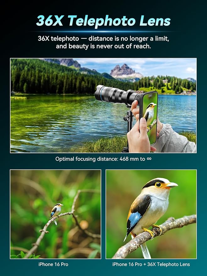 APEXEL 36x Telephoto Lens Compatible with iPhone 16 Pro | Photography for Travel, Birdwatching, Exploration | Kit with Sturdy Metal Tripod and Threaded Phone Case