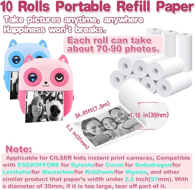 880 Pcs/10 Rolls Premium Kids Instant Camera Refill Print Paper, 2.2x1.18Inch(57X30mm), Thermal Paper Roll Refill for Most Kid Camera, HD Printing Waterproof Non-Sticky(10 roll)