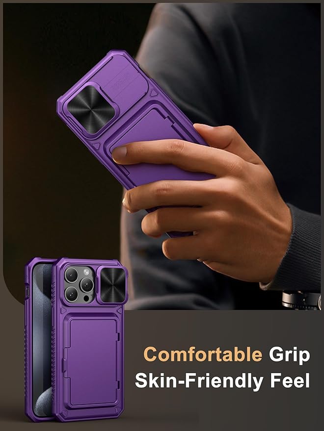 Vihibii for iPhone 15 Pro Max Wallet Case with Card Holder (4 Cards) & Slide Camera Cover & Kickstand, Raised Edges Protect Screen, Rugged Hard Back Cover for iPhone 15 Pro Max, 6.7" 2023, Dark Purple