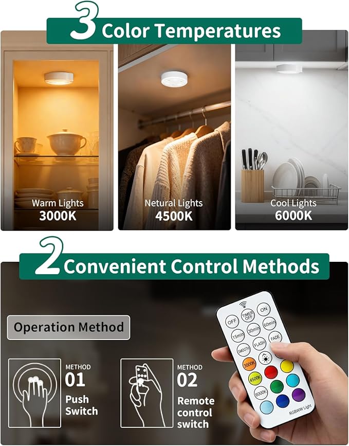 6-Pack Puck Lights with Remote, 1800mAh Rechargeable Under Cabinet Lighting, 3 Color Temps & 7 RGB Colors, Long-Lasting Dimmable Stick-On Lights for Cabinet, Kitchen, Shelf, Party