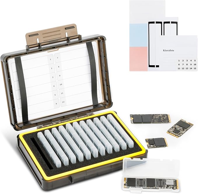 Dual Protect Hard M.2 SSD Holder with 12 PCS Individual Clear M.2 NVMe Case for M.2 2280 2260 2242 2230 SSDs Storage, Water-Resistant & Shockproof M.2 2280 SSD Card Case with Label & Notepaper