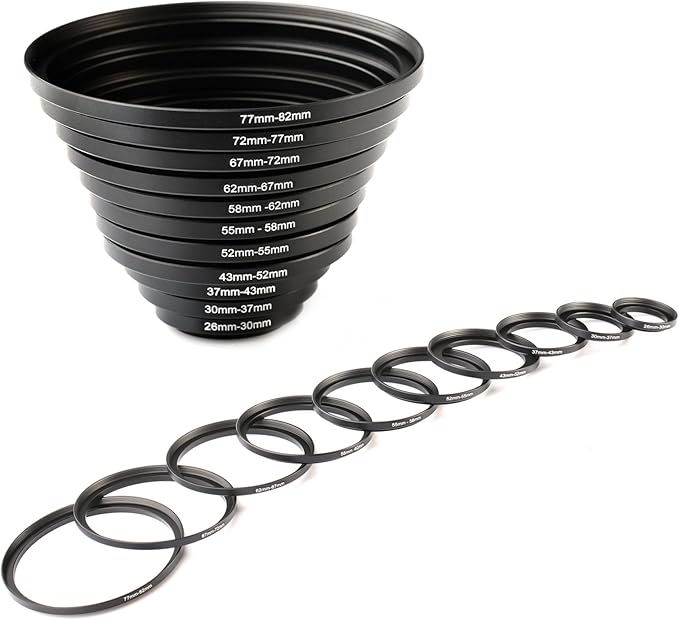 K&F CONCEPT 11pcs Metal Stepping Rings Step Up Ring Set 26-30MM 30-37MM 37-43MM 43-52MM 52-55MM 55-58MM 58-62MM 62-67MM 67-72MM 72-77MM 77-82MM Compatible with Canon Nikon DSLR Cameras Lens