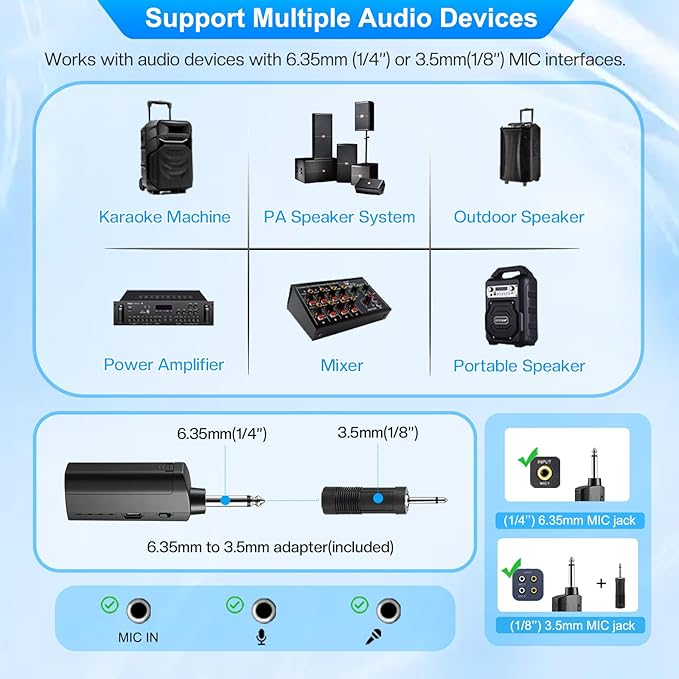 Wireless Microphone System with Headset Mic & Lavalier Lapel Mic, Portable Cordless Microphone Set, Bodypack Transmitter and Mini Receiver with 1/4'' & 1/8'' Plug, Ideal for Teaching, Speech