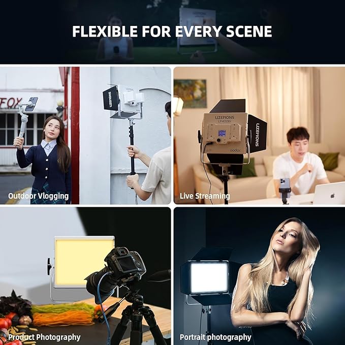 Godox LP400Bi Bicolor LED Video Light with Barndoor, 36W 2800K-6500K 6250Lux LED Panel Light with 11 FX Effects APP Control CRI/TLCI 96+ Dimmable 0-100% Studio Soft Light for Videography