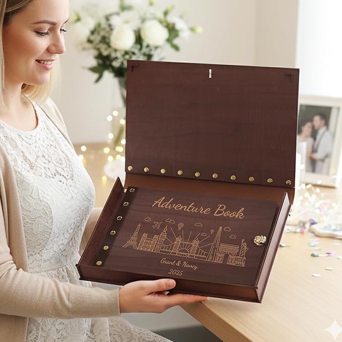 Custom Travel Scrapbook, Personalized Travel Photo Album with Wooden Cover, Adventure Book Scrapbook Keepsake Gifts, Vacation Photo Album to Hold Your Stories