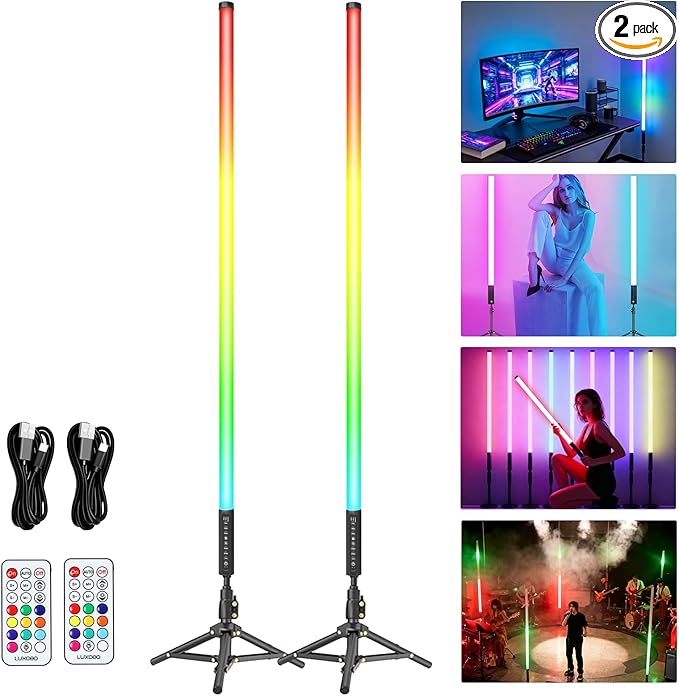 2 Pack 4ft Portable Battery Powered Tube Light 5000 mAh Handheld LED Tube Lights 120cm with Tripods, 500 Vivid Effects, for DJ Lighting, Dance, Photography, Light Painting, YouTube, Night Bar, Party