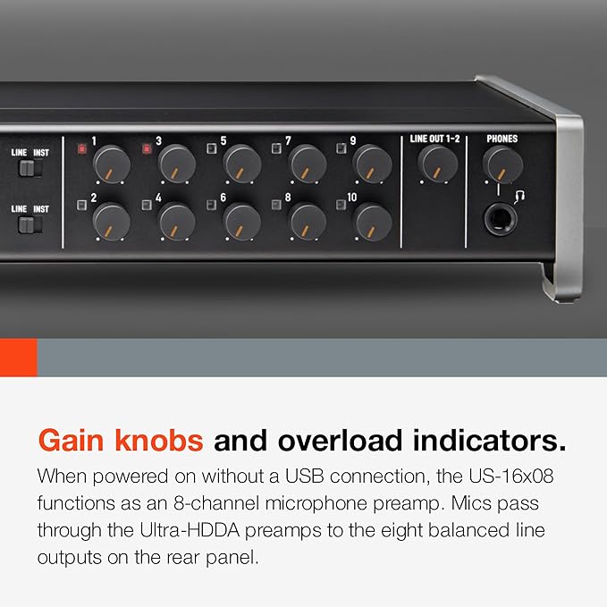 Tascam US-16x08 Rackmount USB Audio/MIDI Interface for Recording, Drum Recording, 8 XLR/8 1/4" Inputs, 8 Outputs, Control Software,Black