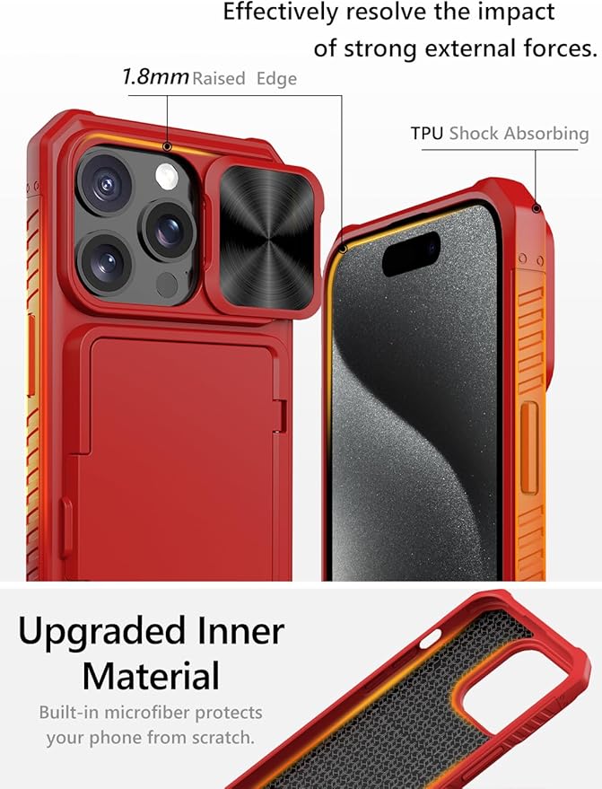Vihibii for iPhone 15 Pro Wallet Case with Card Holder (4 Cards) & Slide Camera Cover & Kickstand & Raised Edges Protective Screen, Shockproof Rugged Phone Case for iPhone 15 Pro 5G 6.1" 2023, Red