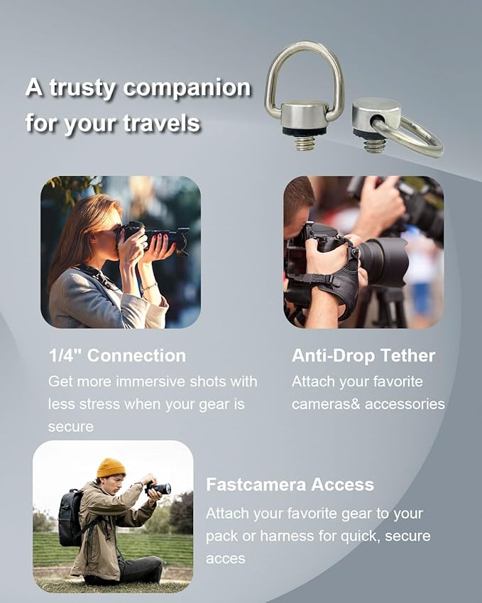 4Pcs Stainless Steel D Ring Screw Adapter, 1/4"-20 Camera Fixing Screw with Rubber Padded for Tripod Camera Shoulder Straps Selfie Sticks Gimbals, Silver