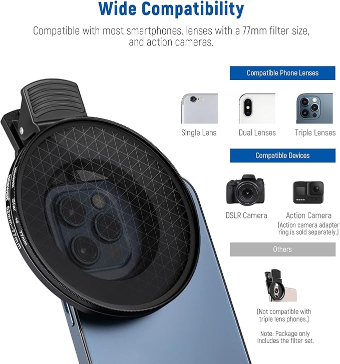 NEEWER 77mm Lens Filter Kit with Phone Lens Clip, CPL + ND32 + Star + 4 Graduated Color Filter Compatible with iPhone 17 16 16e 15 14 Pro Max Canon Nikon Sony Camera