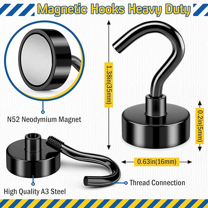 FINDMAG Black Magnetic Hooks, 28lbs Cruise Magnets, N52 Heavy Duty Magnets with Hooks, Neodymium Rare Earth Magnetic Hooks for Hanging, Powerful Magnet Hooks for Camper, Kitchen, Ship, Travel, 10 Pack