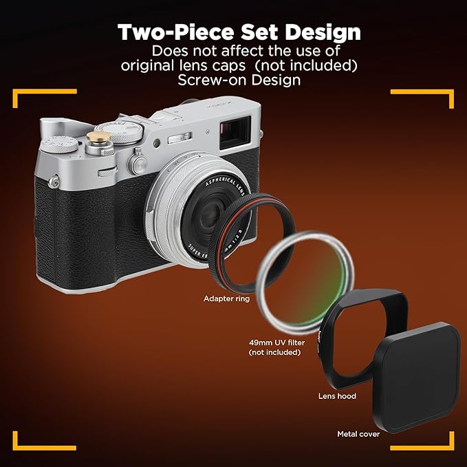 Haoge LH-X200B Square Metal Lens Hood with 49mm Adapter Ring Metal Cap for Fujifilm X100VI x-100vi x100v x100f x100t x100s Fuji Photo Camera Accessories Black