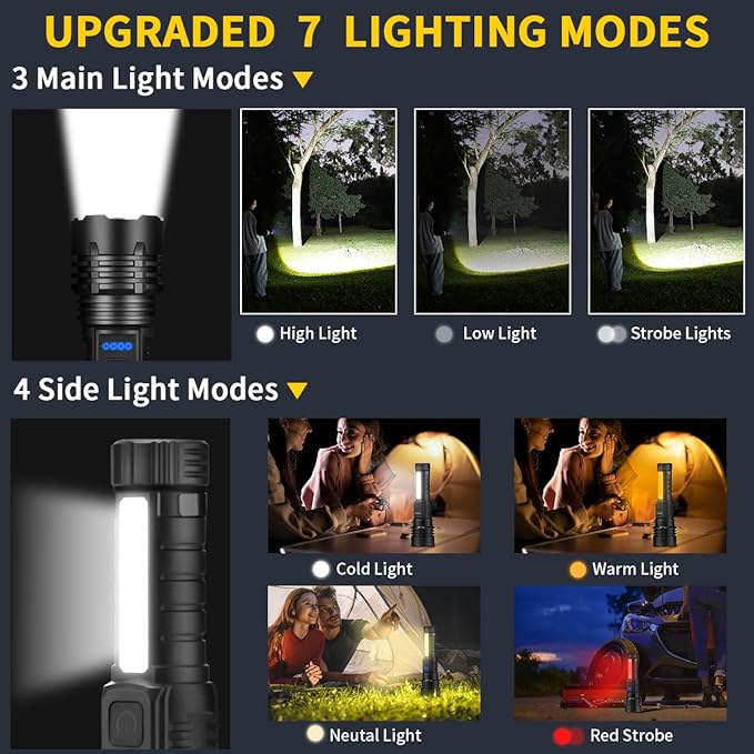 Rechargeable Flashlights High Lumens, 7Mode Flashlights Rechargeable, Super Bright Flashlight Camping, Adjustable Tactical Flash Light High Powered, LED Flashlight for Home Emergency 4Pack