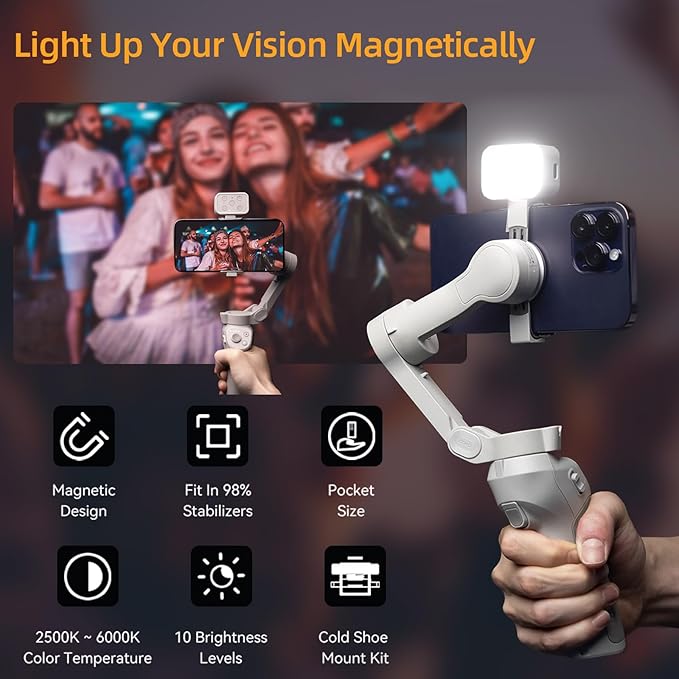 Fotorgear Universal Magnetic Selfie Light for All Smartphones & Gimbals, Slim LED Vlog Fill Light with 3 Color modes, Compatible with iPhone DJI, Insta360