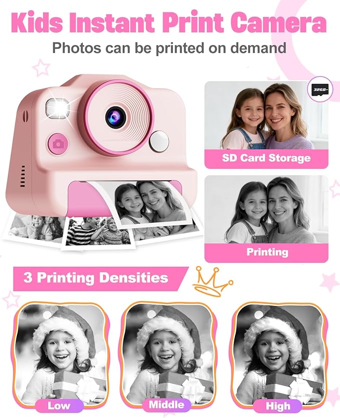 Instant Print Camera for Kids, Front Rear Dual Selfie Kids Camera with 1080P Videos, Christmas Birthday Gifts for Kids Ages 3-12, Toddler Digital Camera Toy for 4 5 6 7 8 Year Old Girls (Pink)