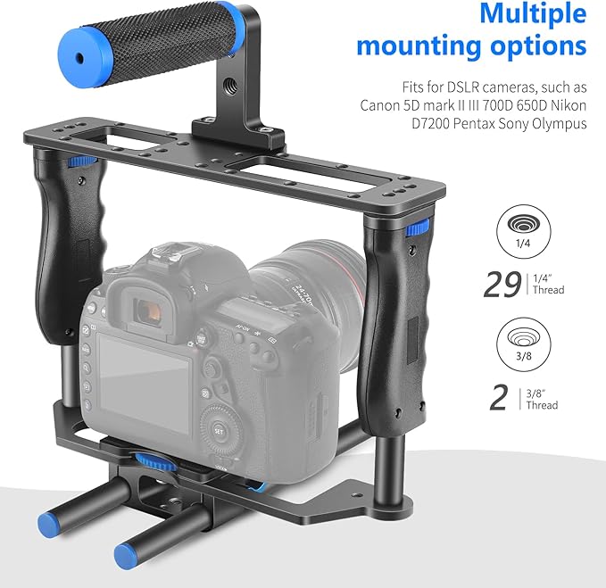 NEEWER Camera Video Cage Film Movie Making Kit, Aluminum Alloy with Top Handle, Dual Hand Grip, Two 15mm Rods, Compatible with Canon Sony Fujifilm Nikon DSLR Camera and Camcorder (Black + Blue)