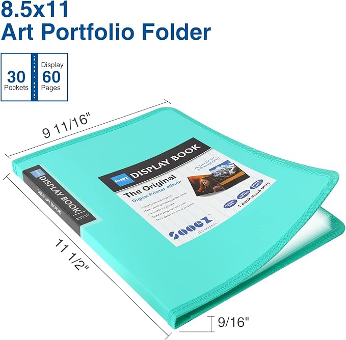 Sooez 30-Pocket Binder with Plastic Sleeves 8.5x11 (Sky Blue), Heavy Duty Art Portfolio Folder with Clear Sheet Protectors, Display 60 Pages, Presentation Book for Artwork, Document Organizer Binder