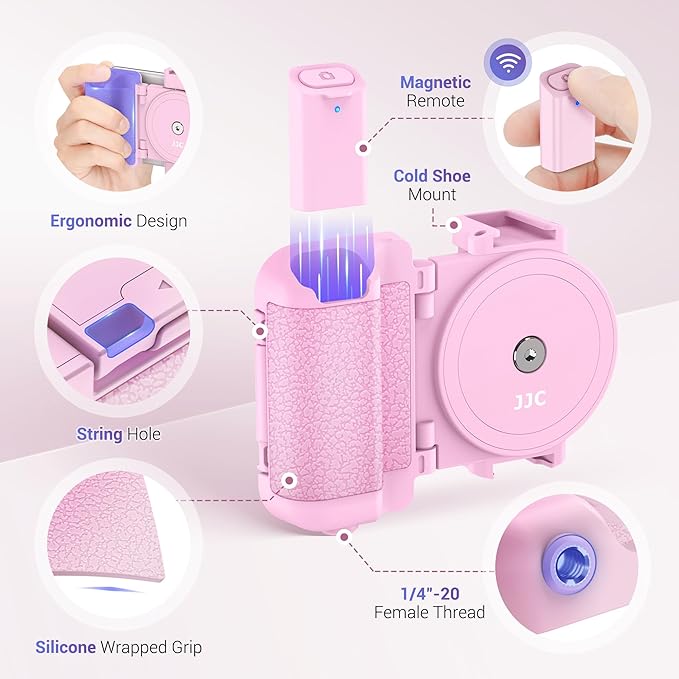 Phone Camera Grip Smartphone Photography Shooting Clip with Tripod Mount & Detachable Wireless Shutter Remote Control, Phone Selfie Grip Handle Stand for iPhone Samsung Android Phone Vlog Video Pink