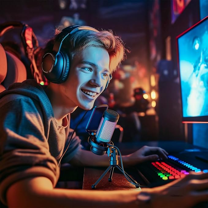 TONOR Gaming Microphone Set, USB Condenser Mic for PC with Stand, Controllable RGB, Quick Mute, Volume Control, for Twitch Streaming, Discord Chatting, 200 cm/78inch Cable, Desktop Stand TC310