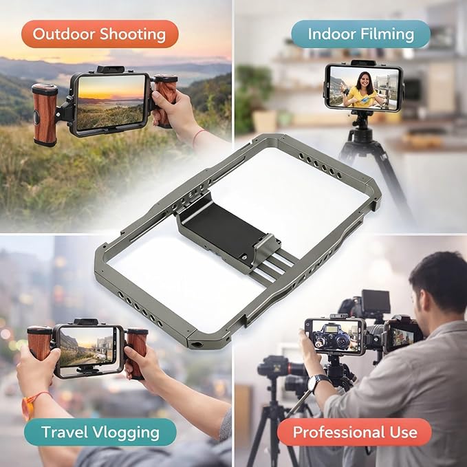 Smartphone Video Rig, Camera Cage Stabilizer Grip, Universal Phone 2.5-3.4in - Anti - Shake, Multi Mount, for Vlog & Filmmaking