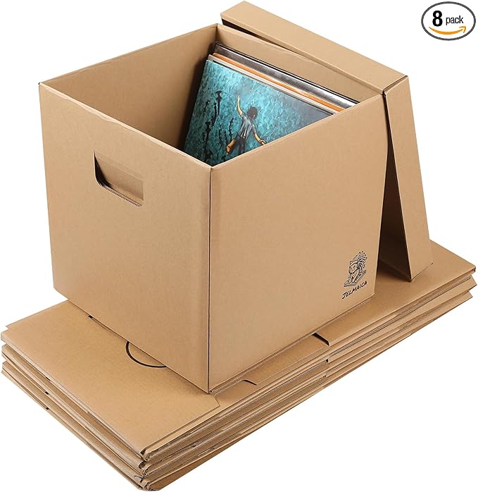 Jelmaica 12" Vinyl Record Storage and Moving Box - Sturdy Cardboard with Removable Lid - Holds up to 60 Records or Laser Discs - Set of 8 Boxes (8) (8)”