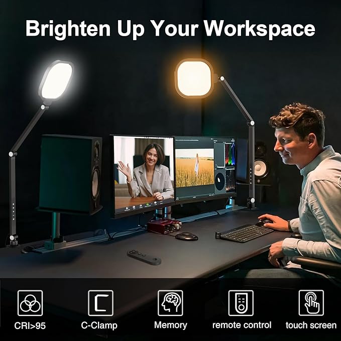 Video Conference Lighting for Computer, Dimmable Light for Video Recording, Meeting, Laptop & Webcam, 15W Ring Light for Desk with C- Clamp, Swing Arm, Remote, Memory & Timer CRI >95