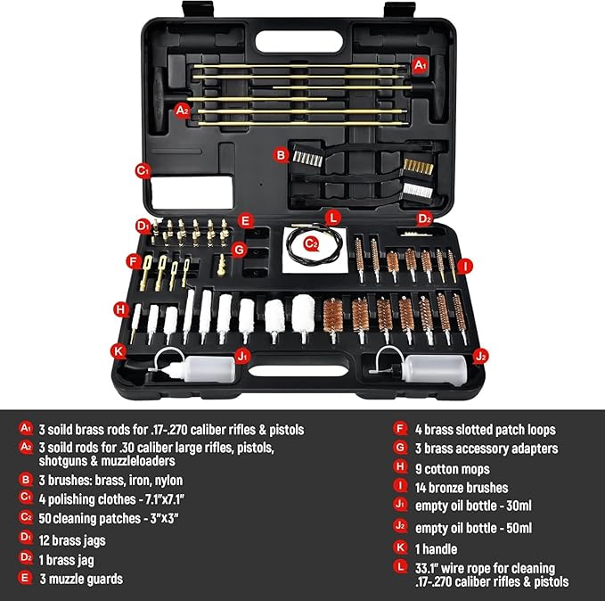 GLORYFIRE Gun Cleaning Kit Universal for Guns, Gun Brushes for Pistol, Handgun, Shotgun, Elite Brass Rods and Wire Rope, Hunting Gear Gun Accessories for Men